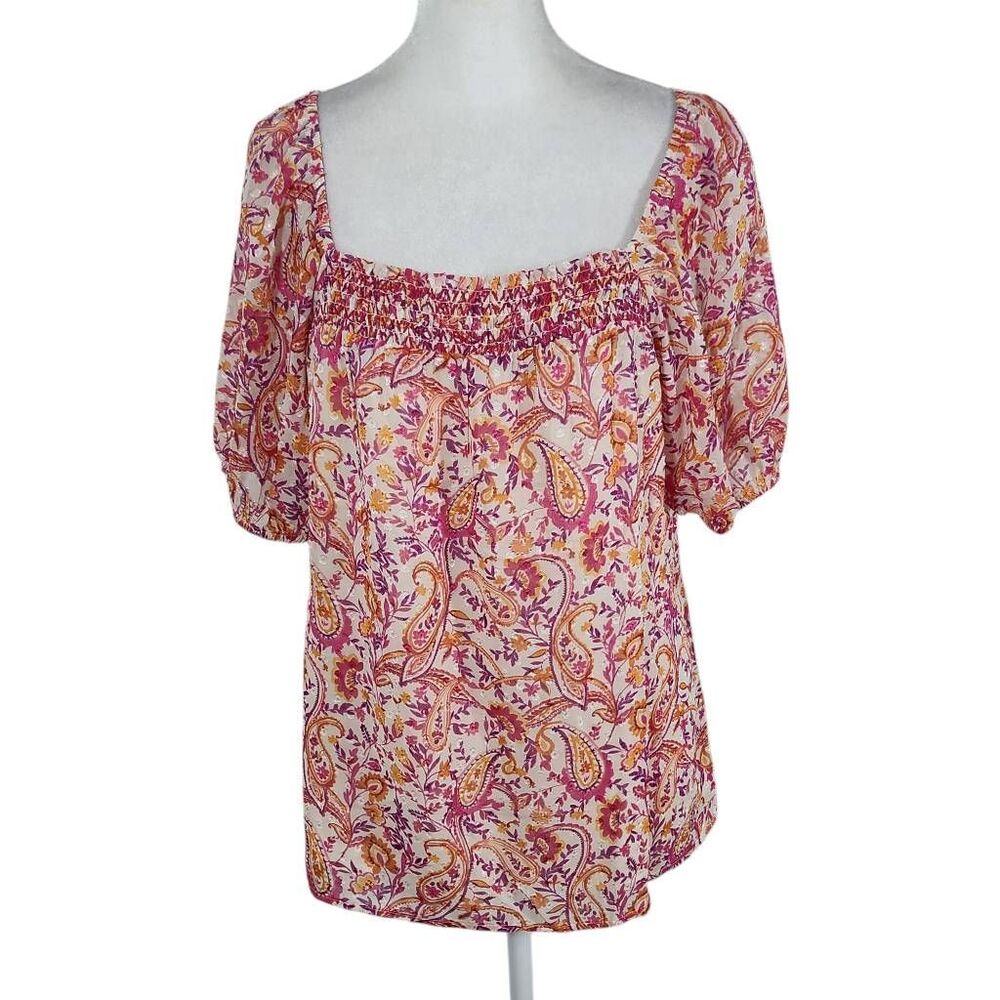 Les Serein Pink and Orange Paisley Smocked Top NWT Size Medium Flowy Paisley Top